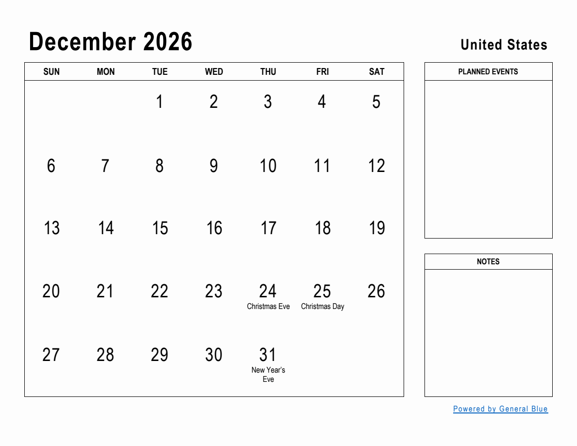 December 2026 Planner With United States Holidays