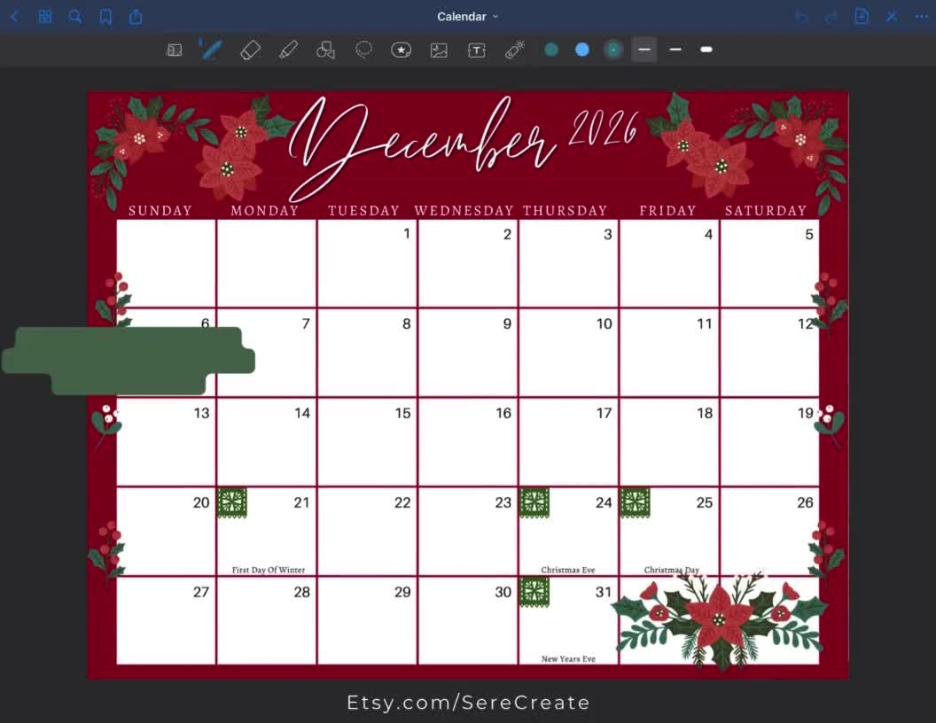 December 2026 Poinsettia Calendar Editable Printable Planner PDF PNG JPG 