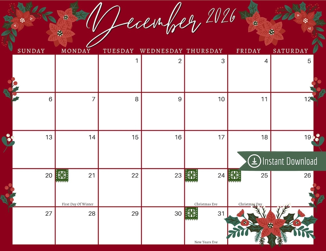 December 2026 Poinsettia Calendar Editable Printable Planner PDF 