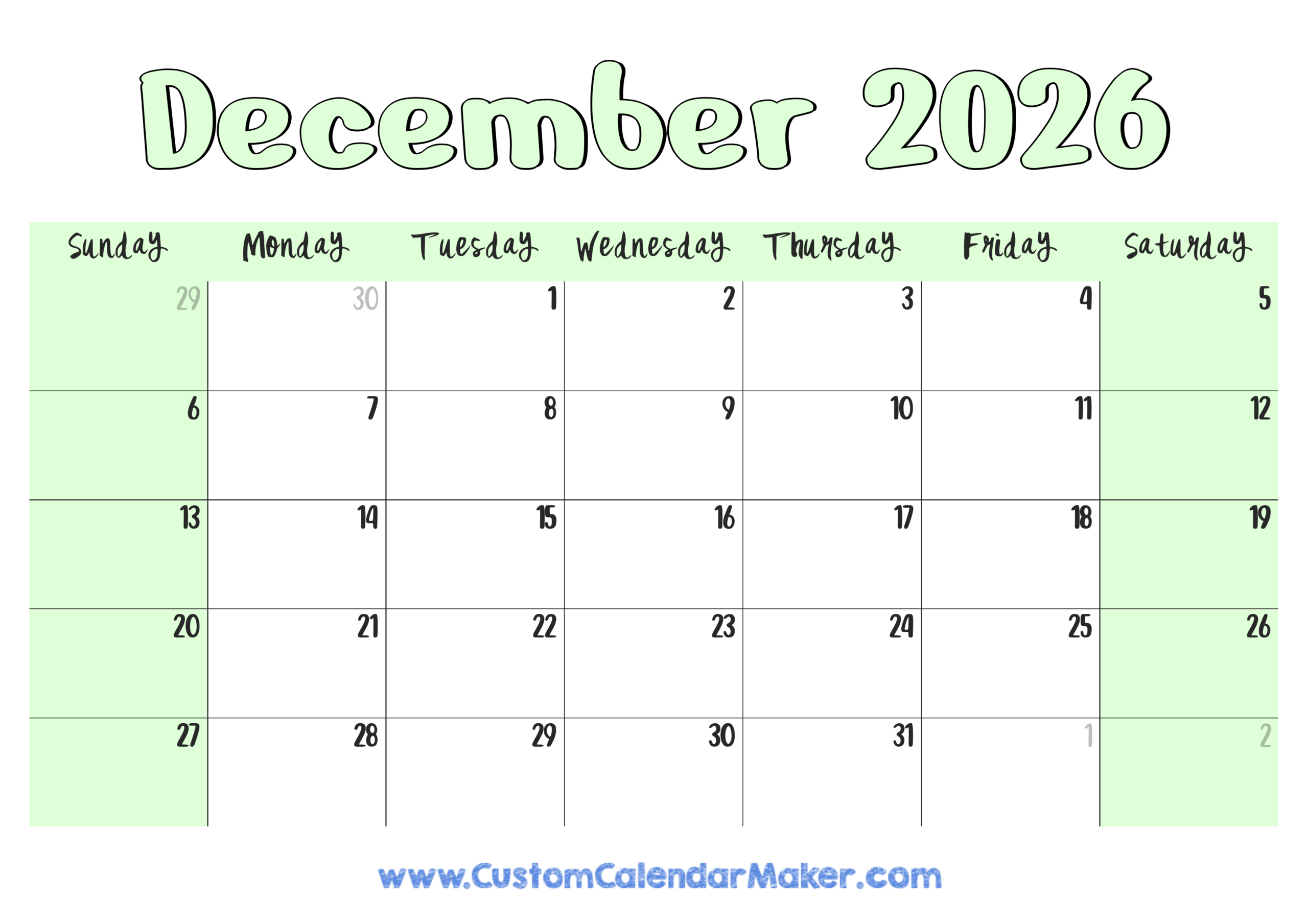 Online Printable 2026 Calendar December