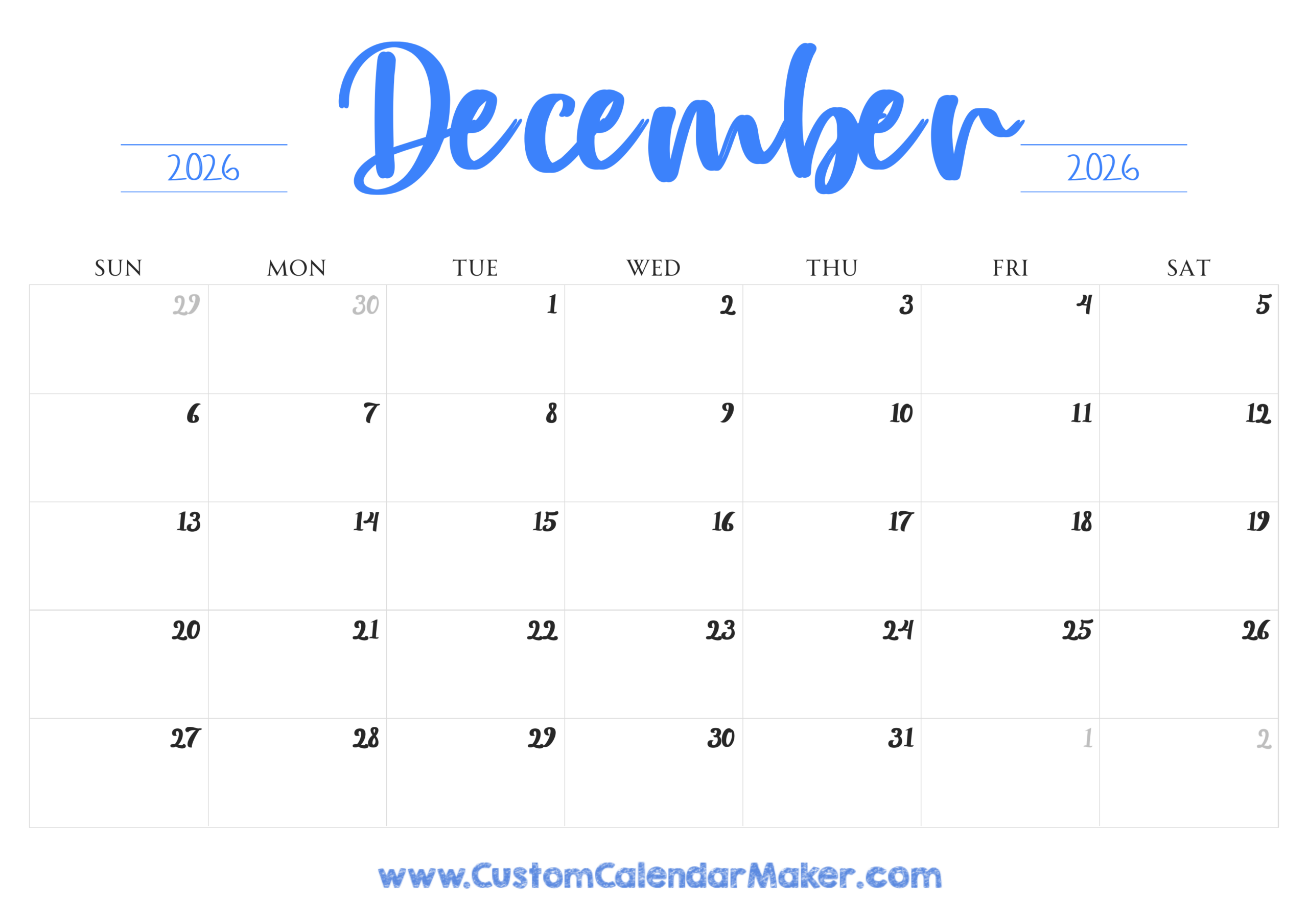 December 2026 Printable Calendar 23 Free Templates PDF 