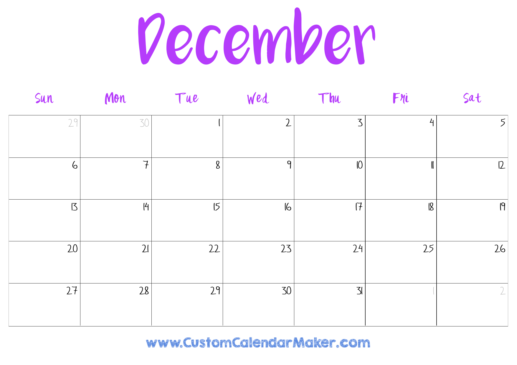 December Calendar Printable 2026 Cute