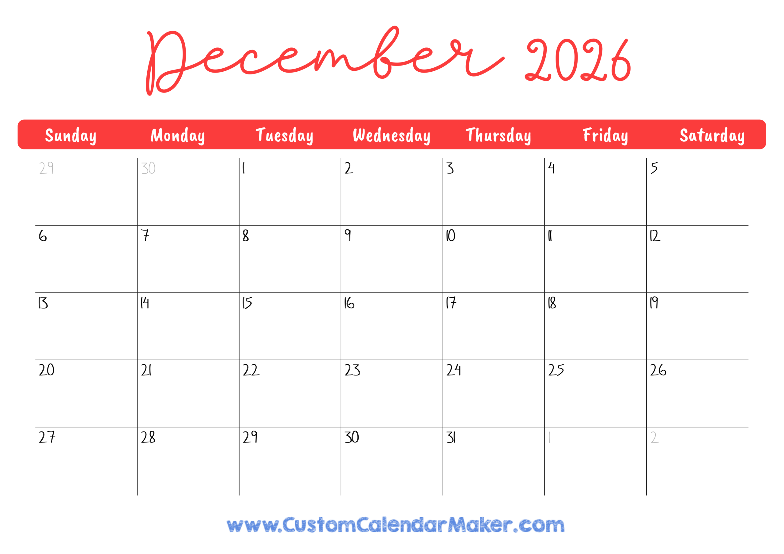 December 2026 Printable Calendar 23 Free Templates PDF 