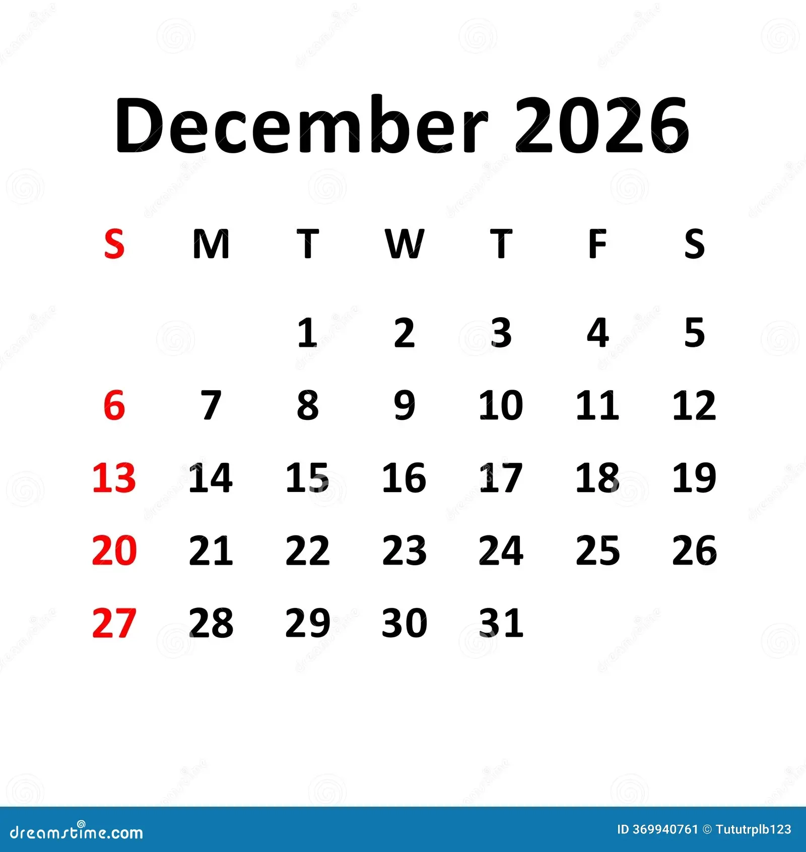 Week December 2026 Calendar Printable