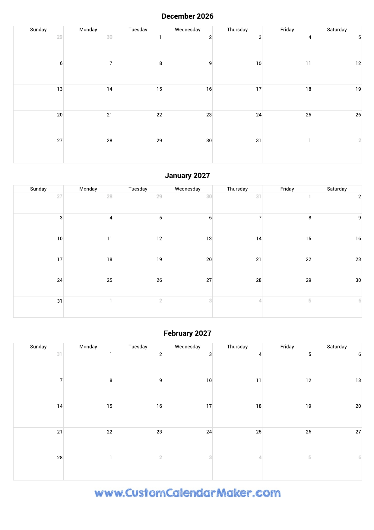December 2026 To February 2027 Calendar Printable Custom 