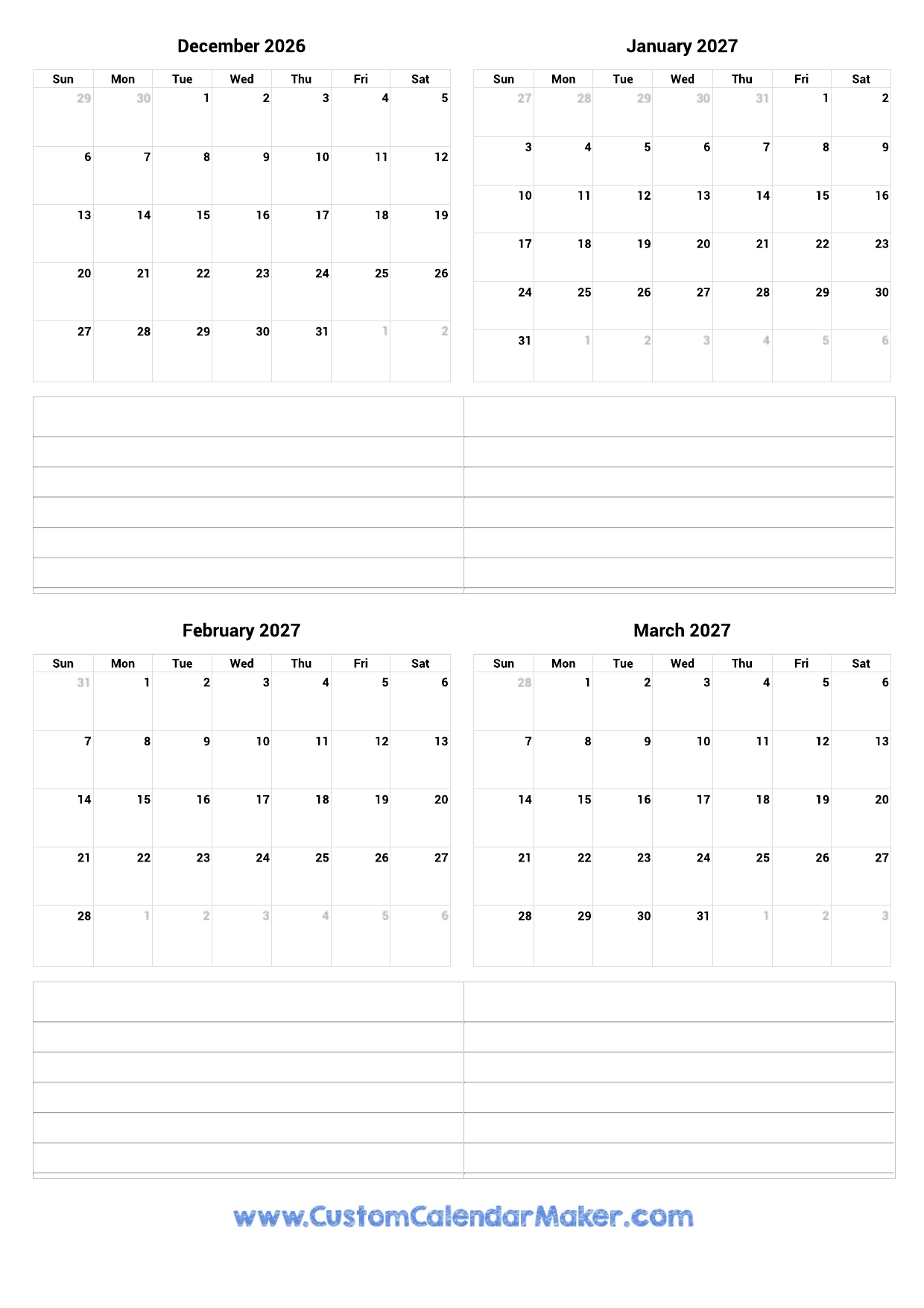 December 2026 March 2027 Calendar Printable