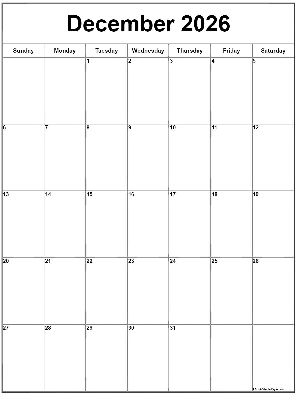 December 2026 Vertical Calendar Portrait
