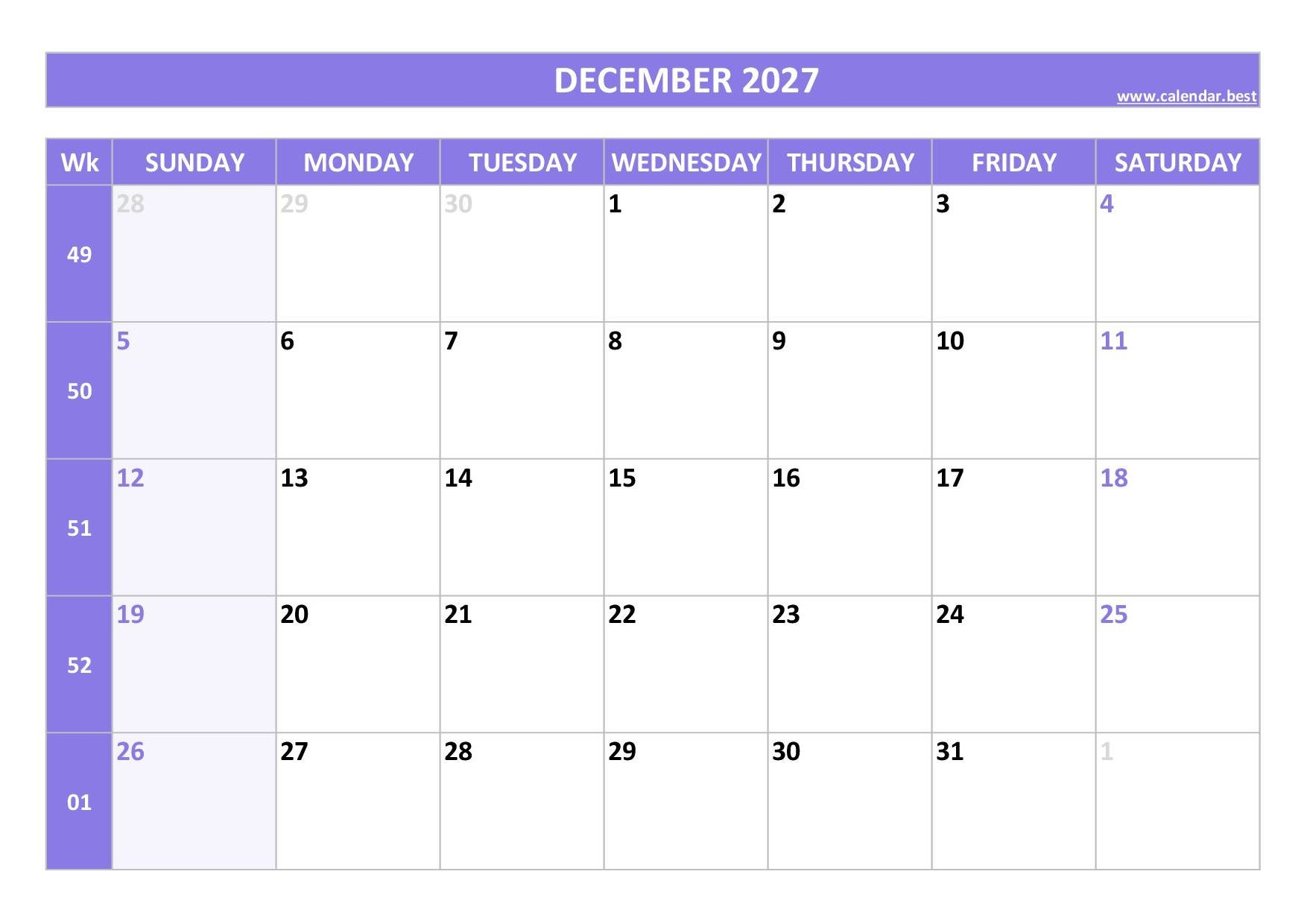 December 2027 Calendar Calendar best