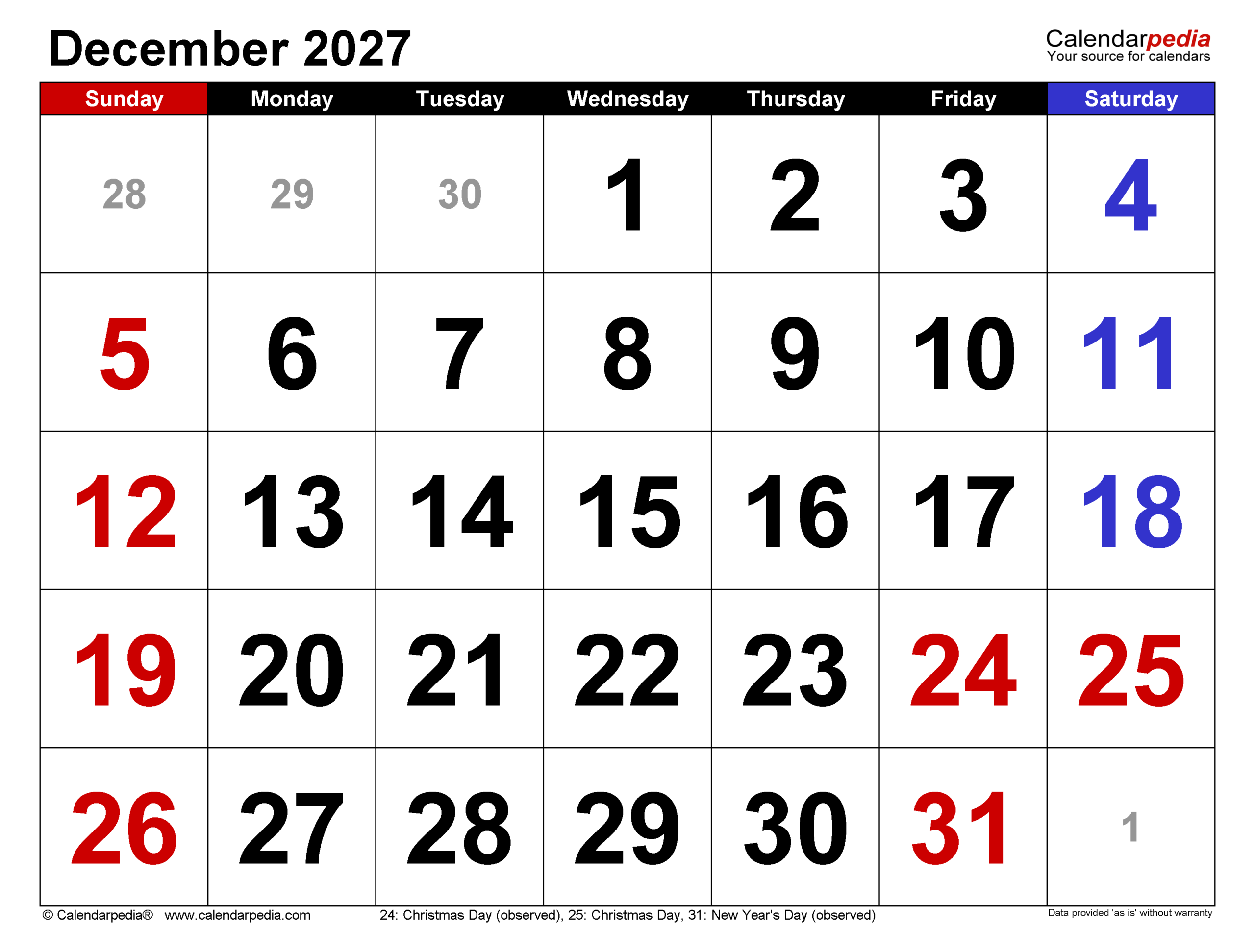 December 2027 Calendar Templates For PDF Excel And Word