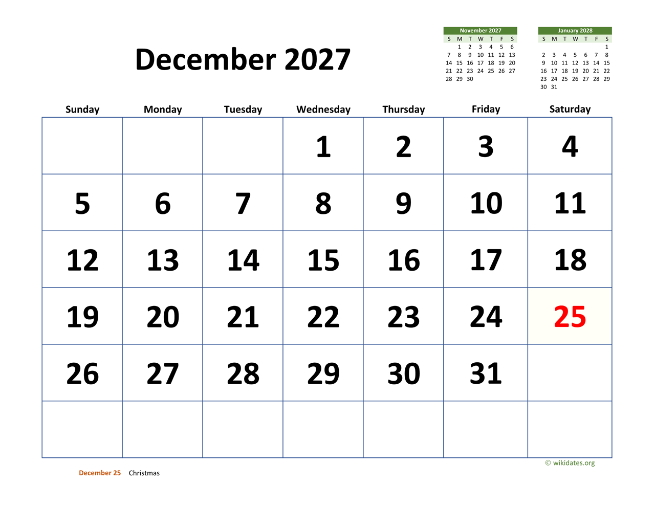December 26 2027 Calendar Printable