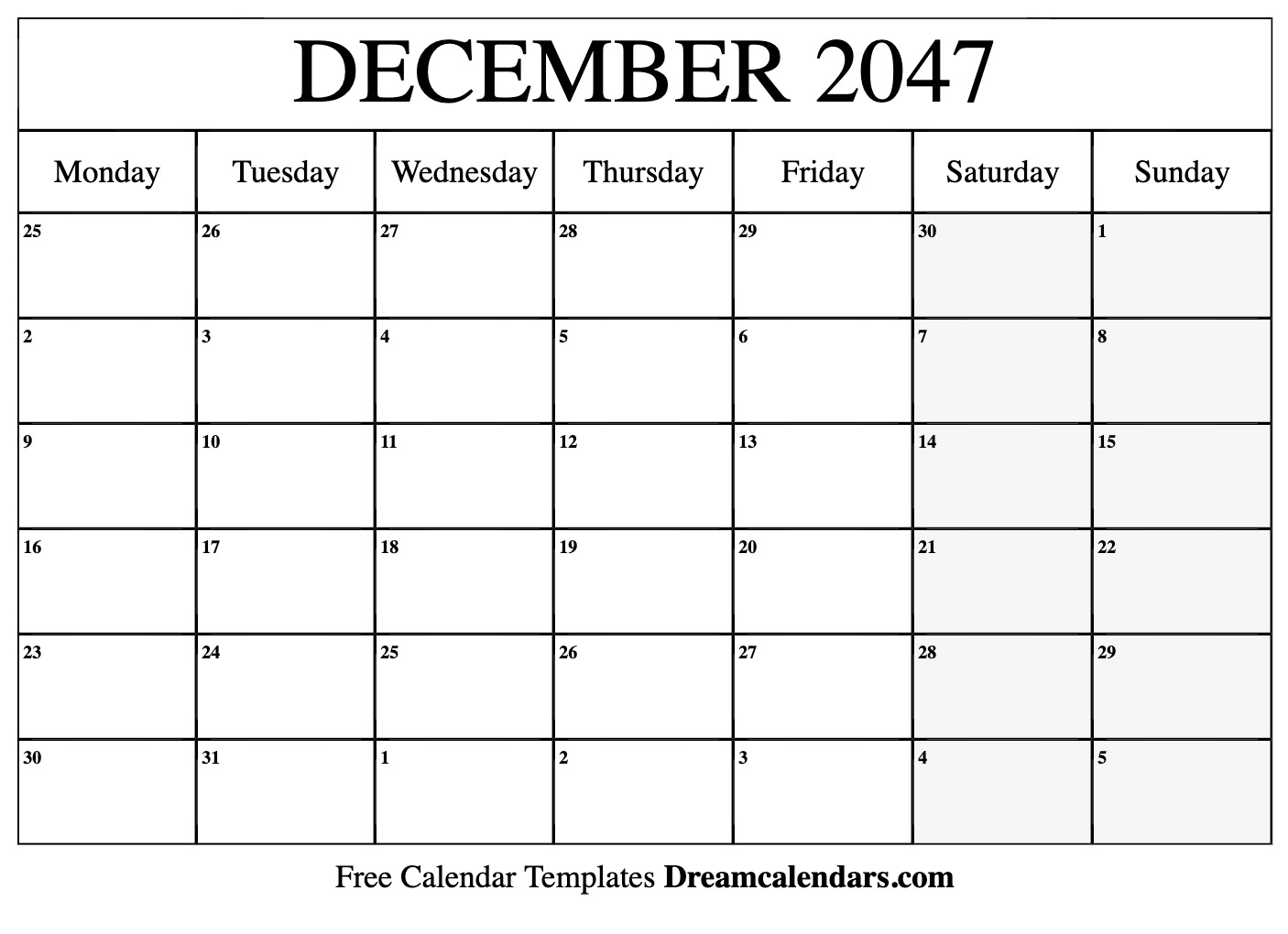 December 2047 Calendar Free Printable With Holidays And Observances