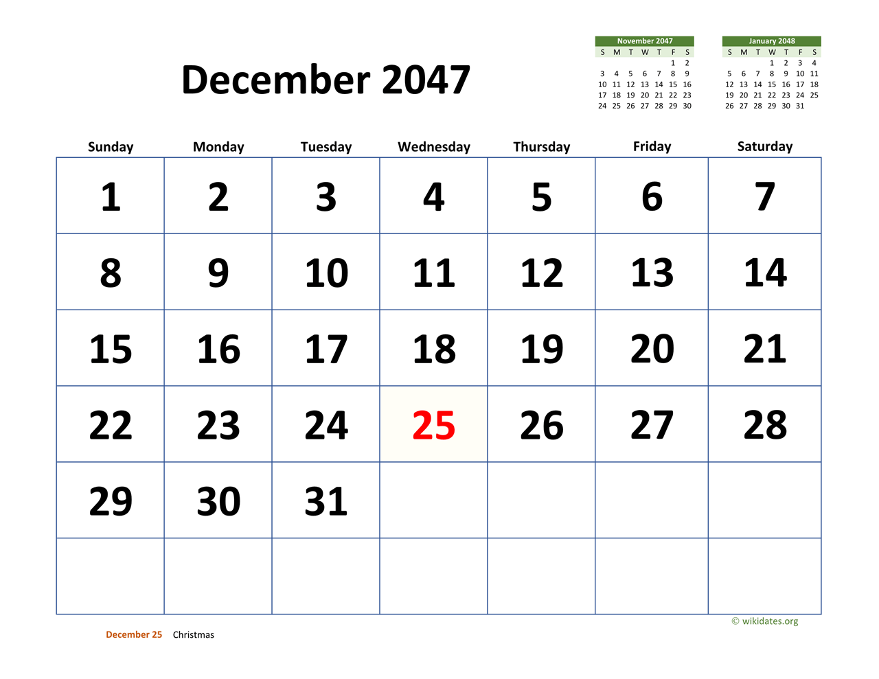 December 2047 Calendar With Extra large Dates WikiDates