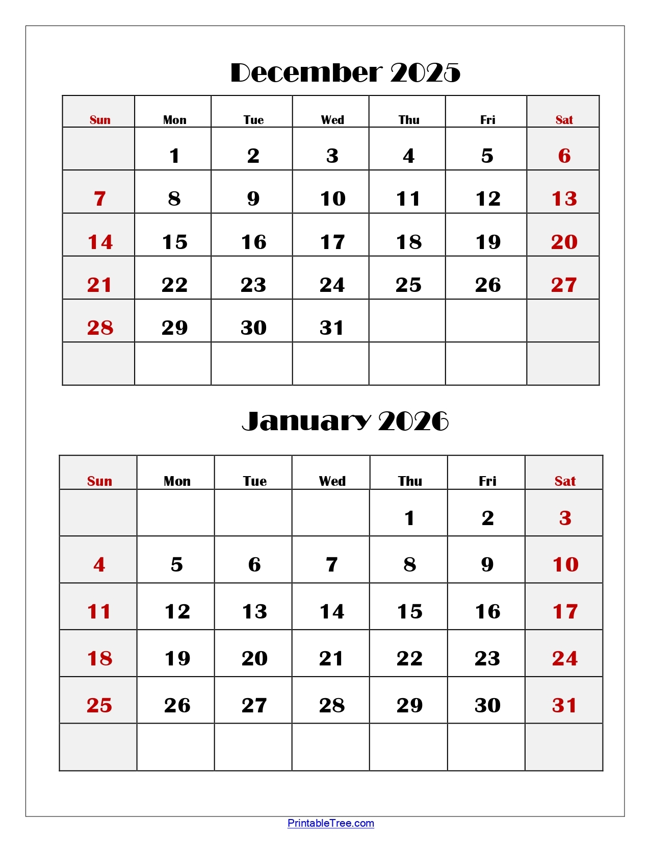 december and january 2026 calendar printable pdf two months calendar