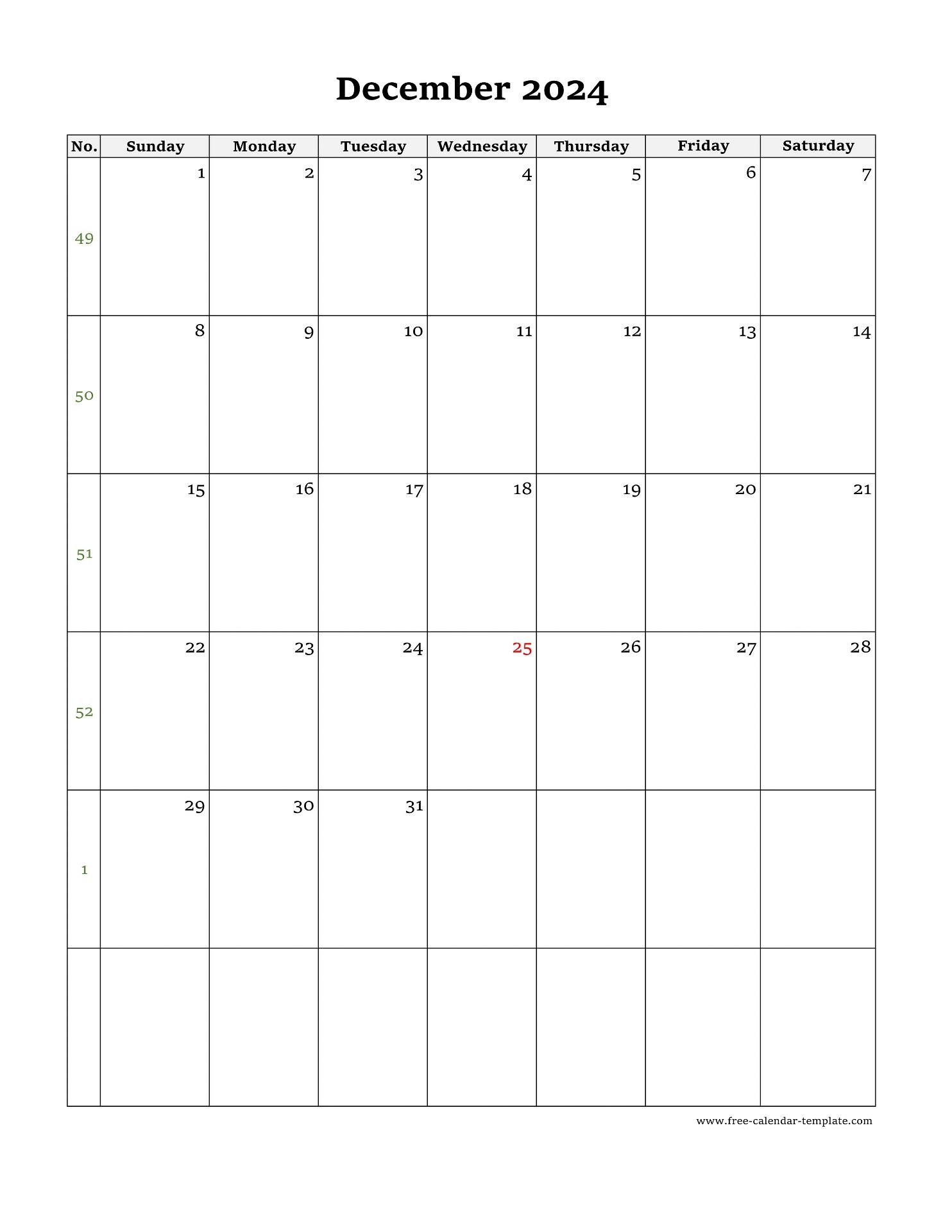 December Calendar 2024 Simple Design With Large Box On Each Day 