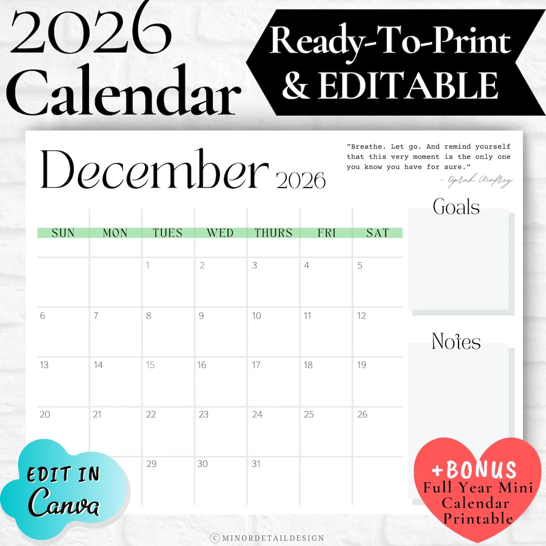 DECEMBER CALENDAR 2026 December 2026 Printable Calendar EDITABLE 