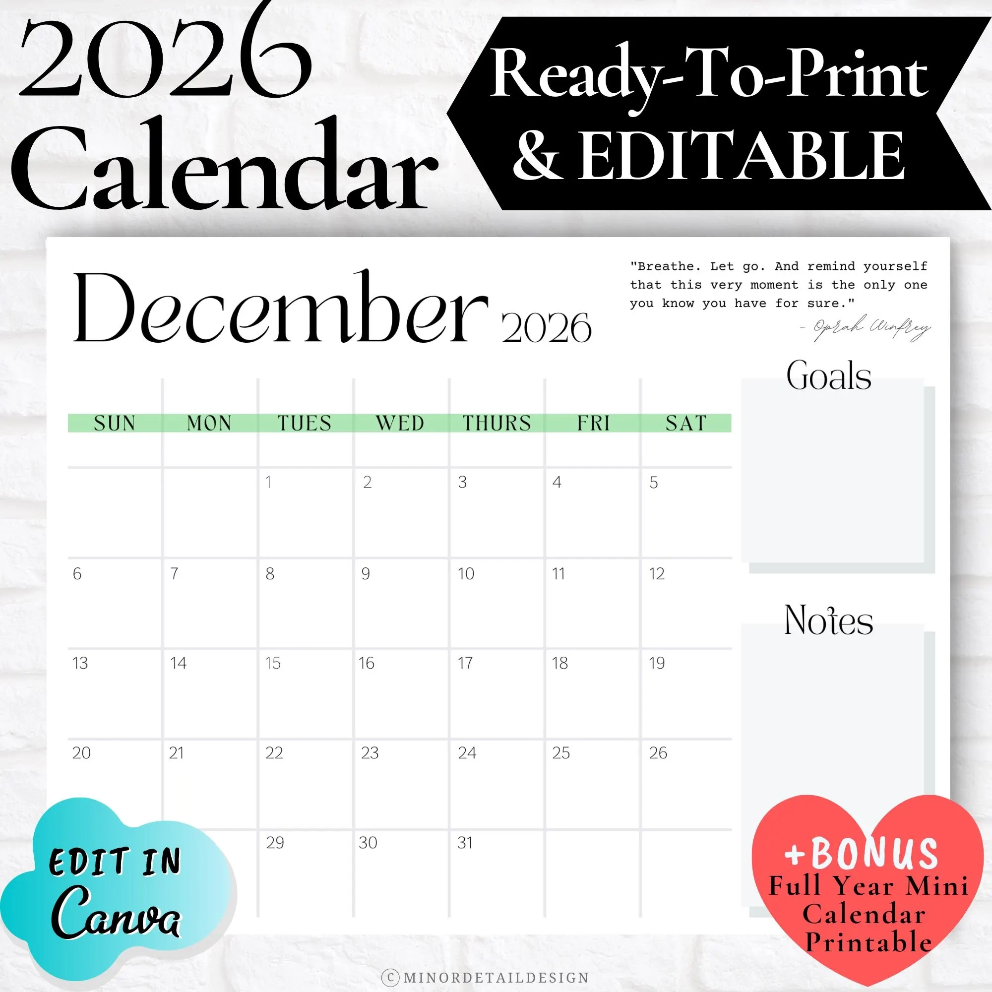 Printable December 2026 Calendar Cursive