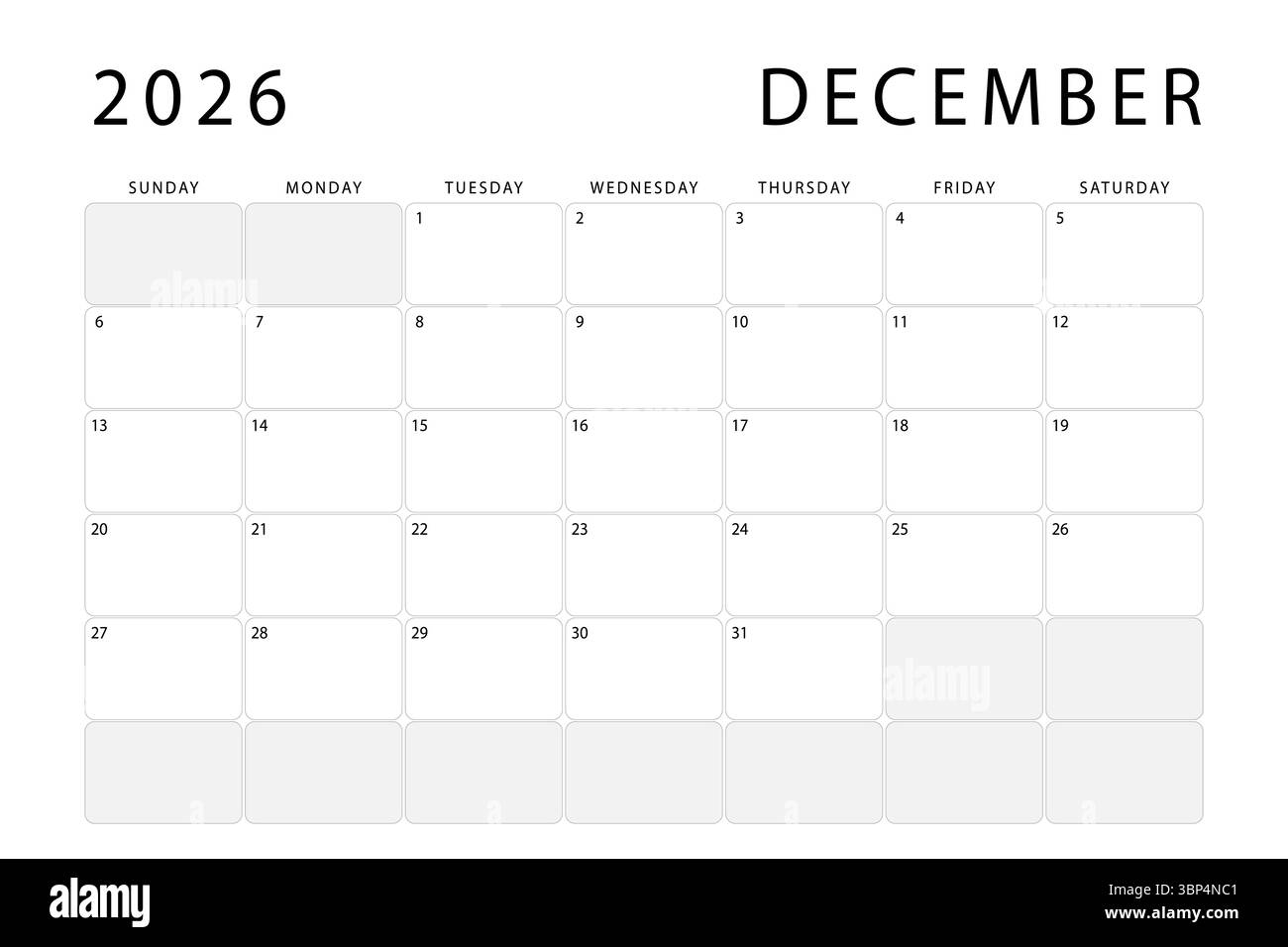 Calligraphy Printable Calendar December 2026