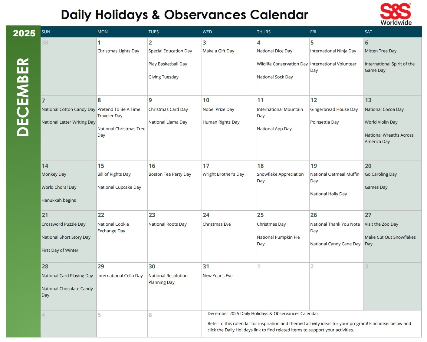 December Daily Holidays amp Observances Printable Calendar S amp S Blog