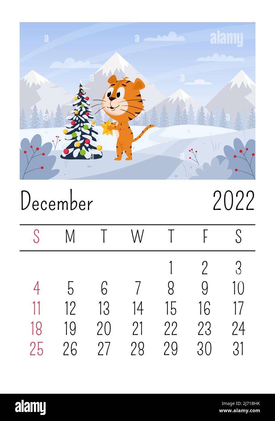 Design Template For The Calendar For 2022 December Cute Cartoon 