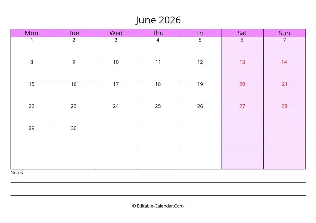 June Editable Calendar 2026