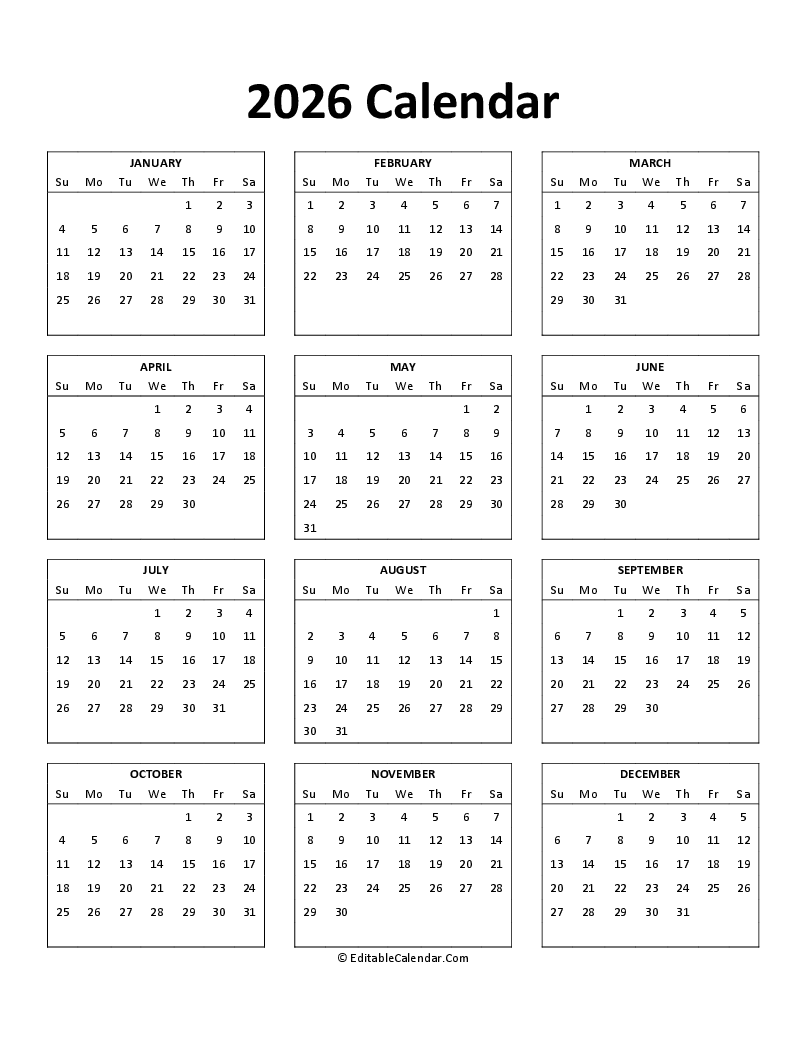 Download Free Printable 2026 Calendar Word Version 