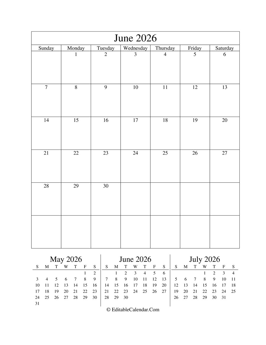 June 2026 Calendar Editable