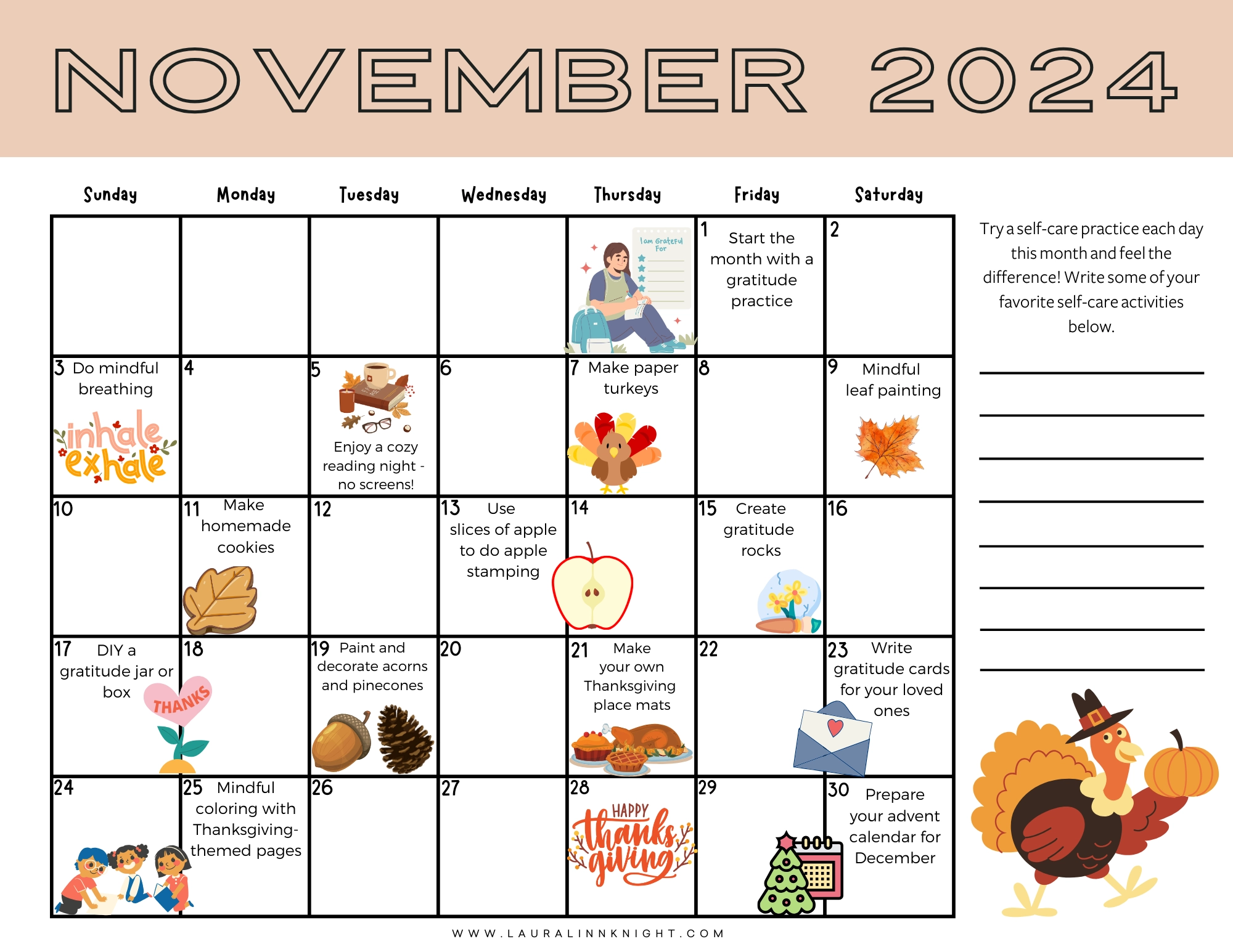 November Calendar For Kids Printable