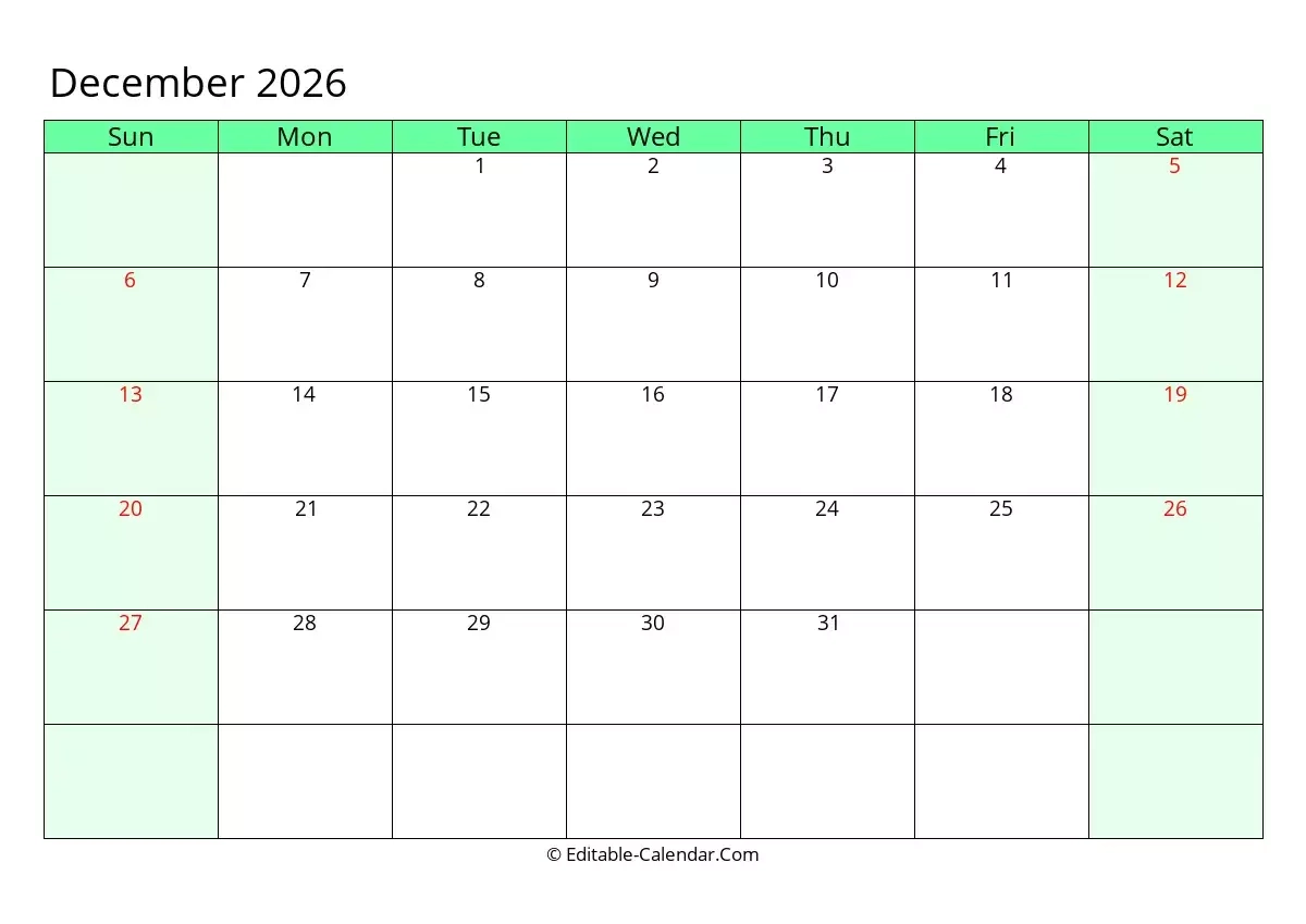 Editable Calendar December 2026 In Excel Word PDF