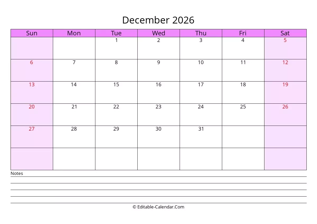 Editable Calendar December 2026 In Excel Word PDF