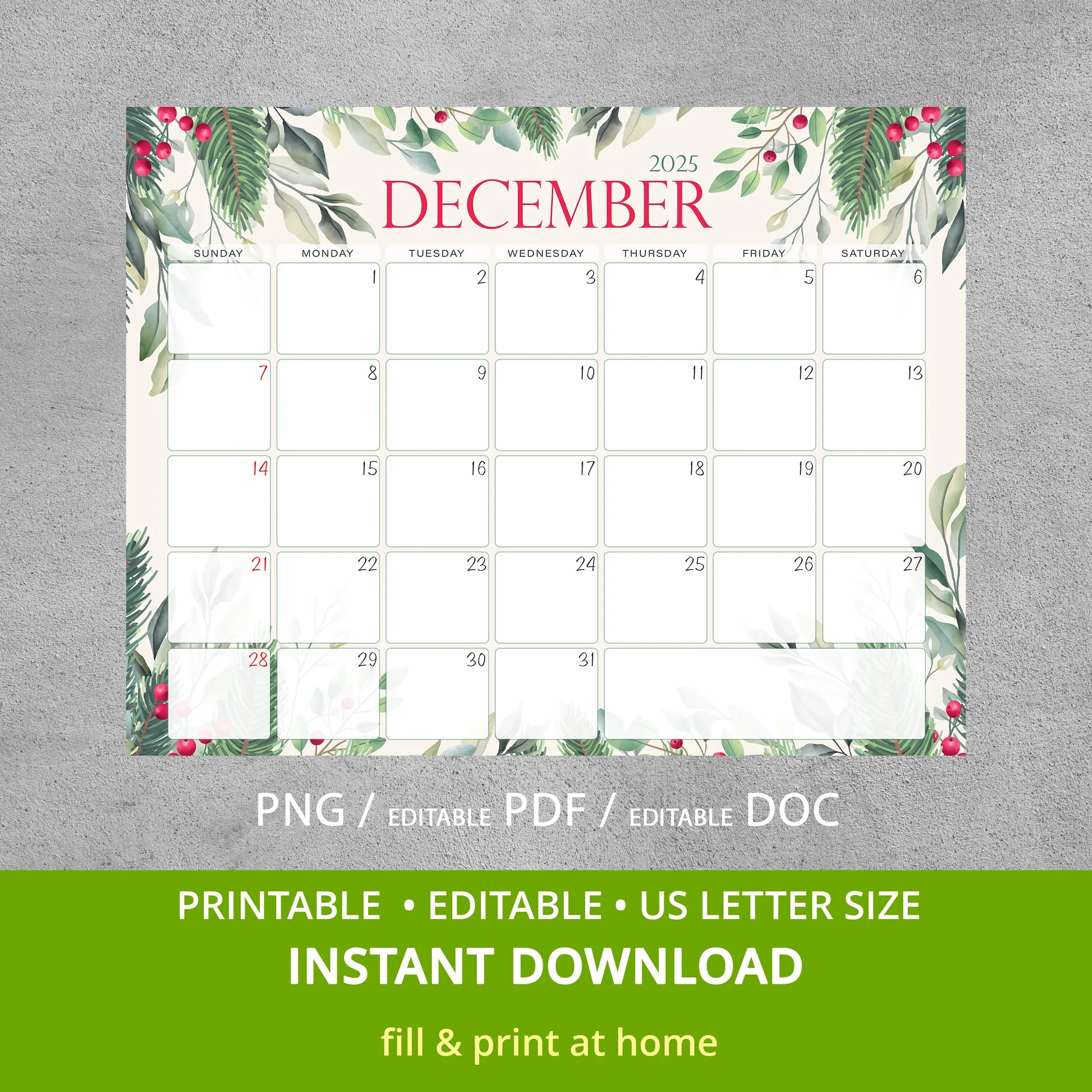 Editable Calendar December Etsy UK