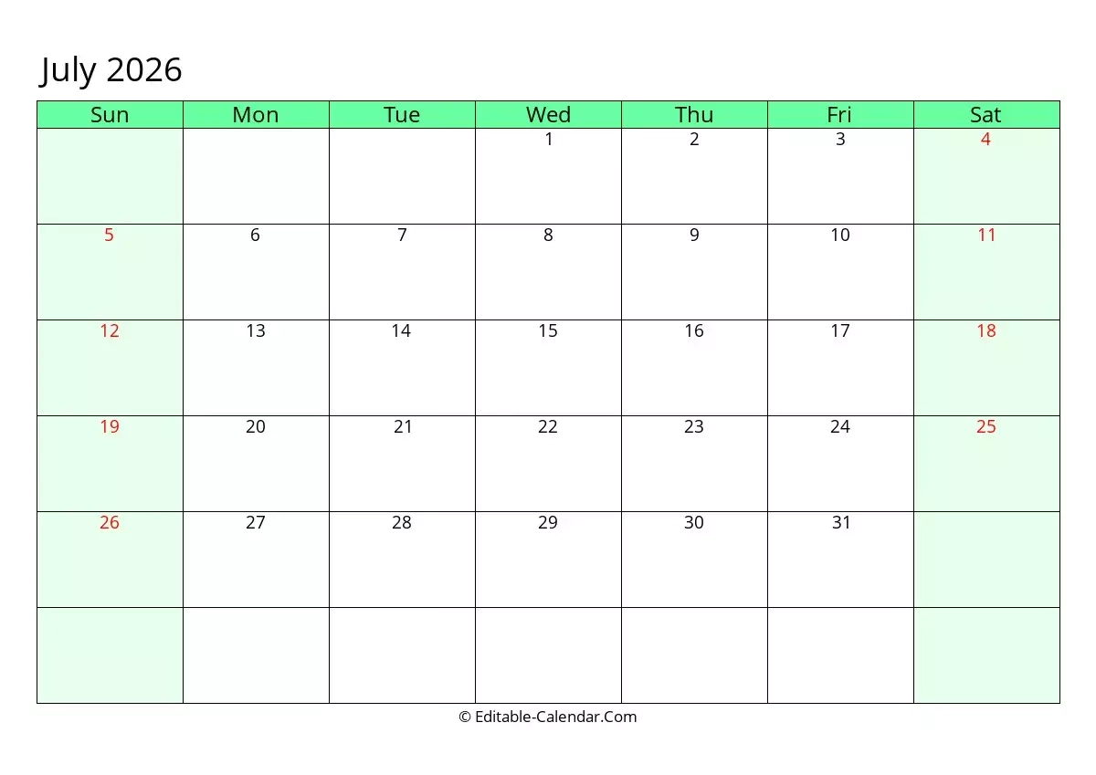 Editable Calendar July 2026 In Excel Word PDF