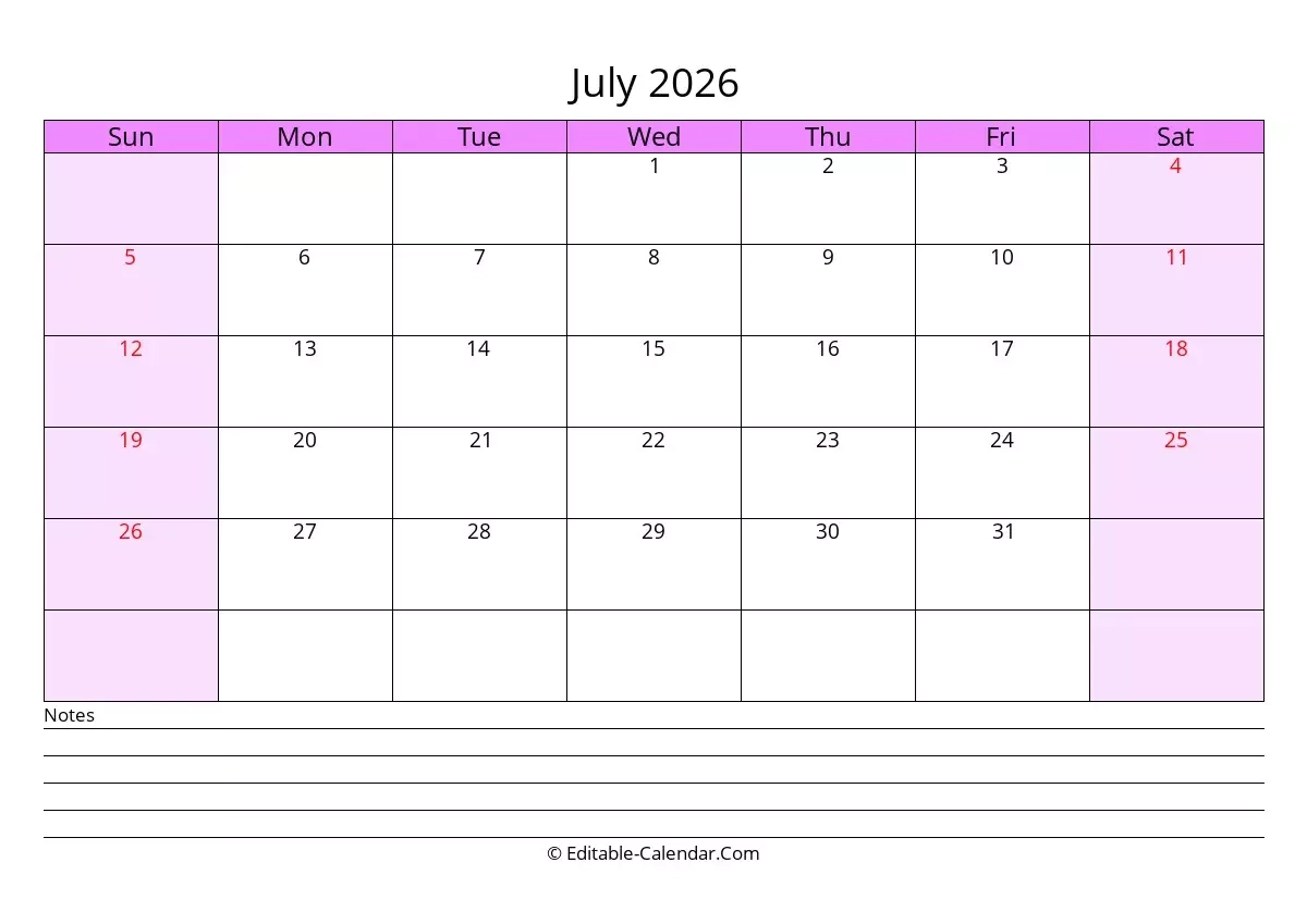 Fillable Calendar July 2026