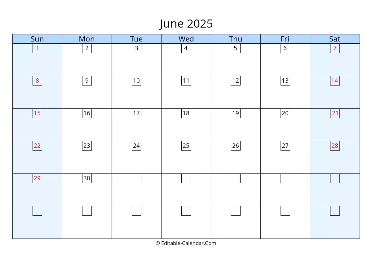 Editable Calendar June 2025 In Excel Word PDF