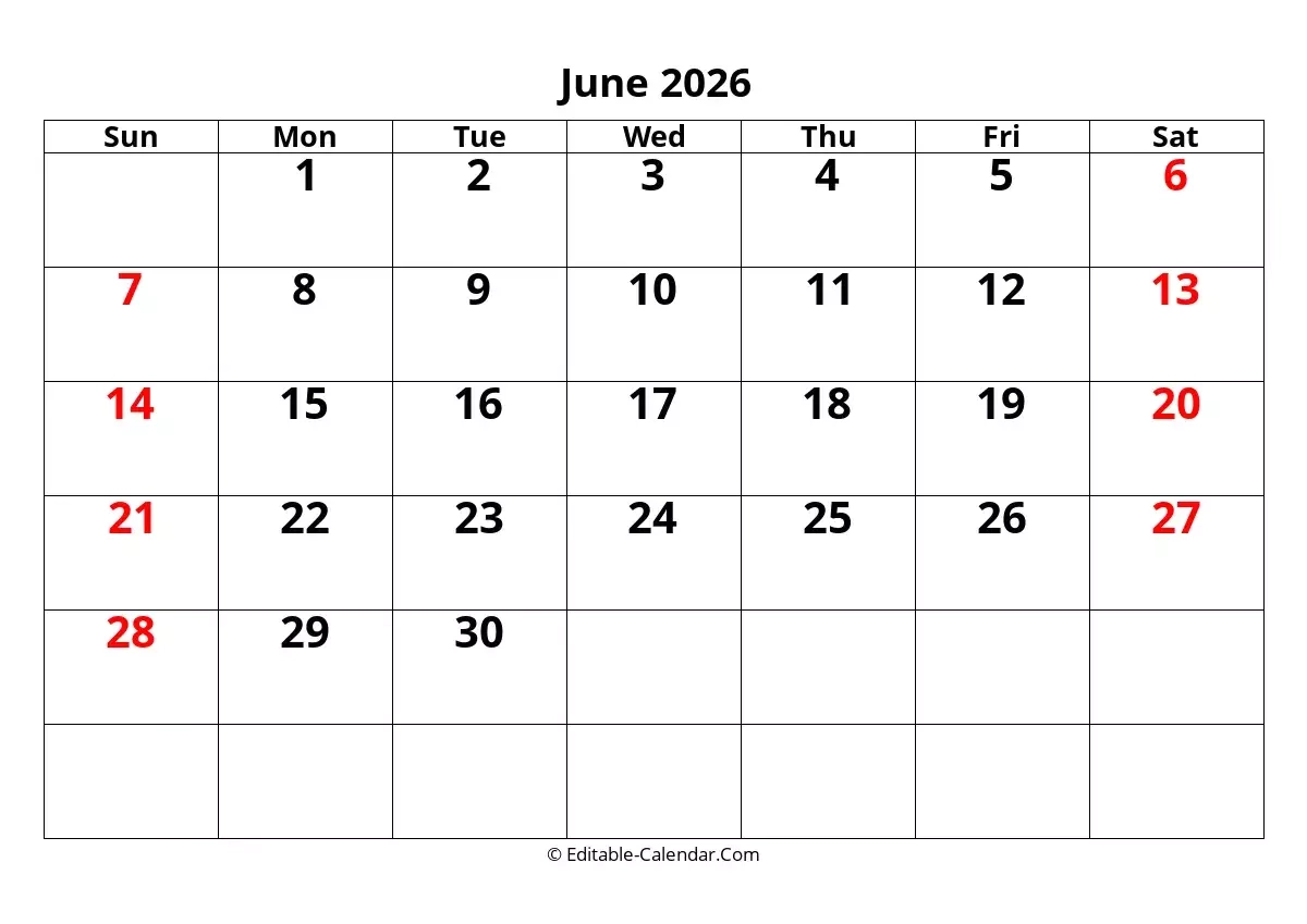 Editable Calendar June 2026 In Excel Word PDF