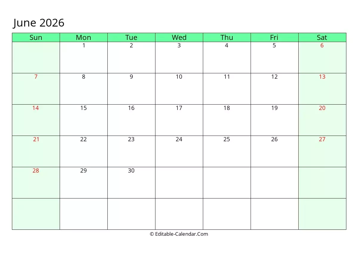 Editable Calendar June 2026 In Excel Word PDF