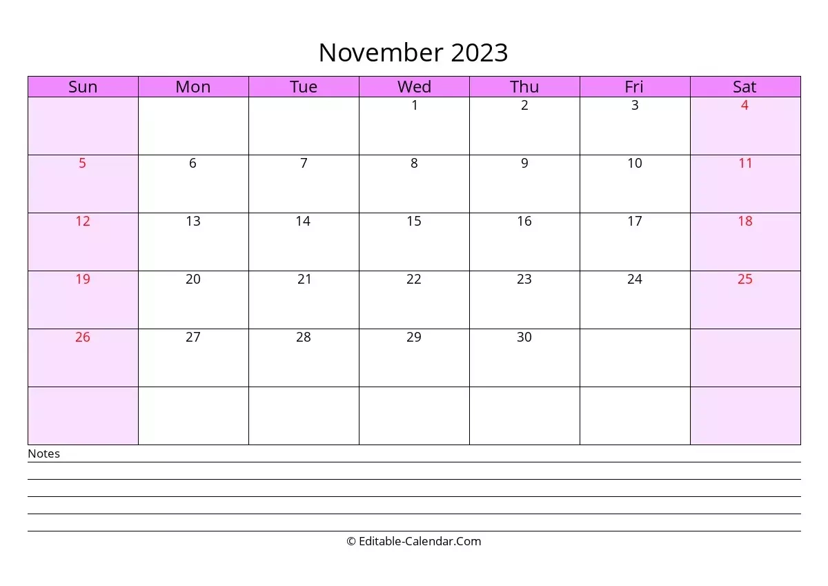 Printable Excel November Calendar