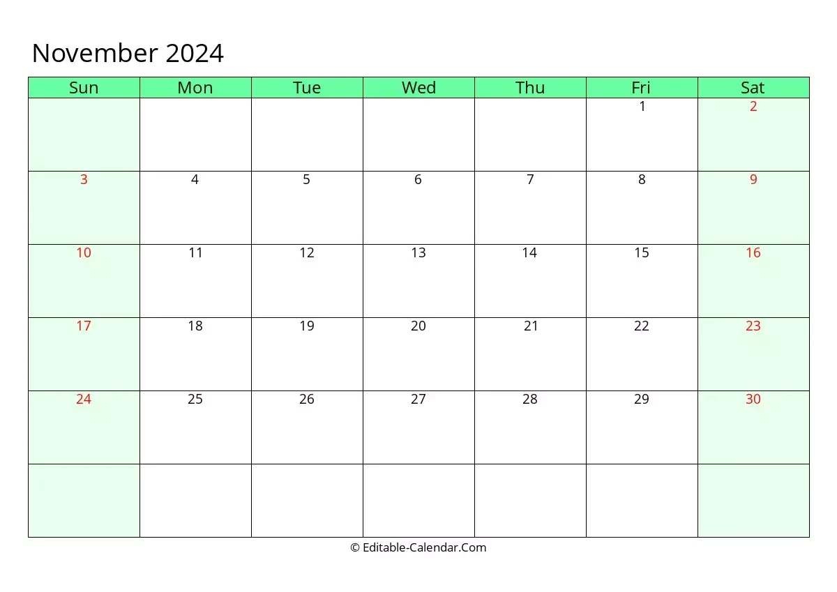 Editable Calendar November 2024 In Excel Word PDF