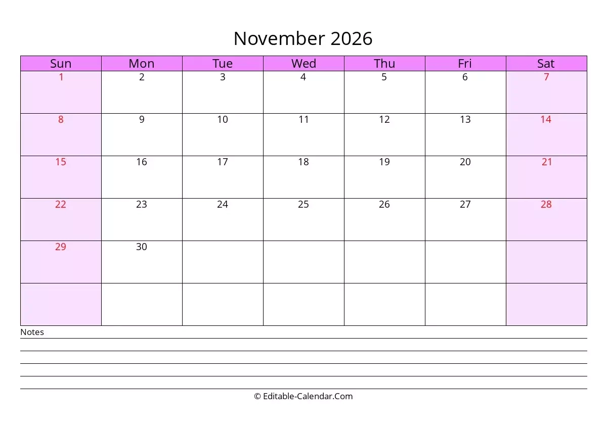 Editable Calendar November 2026 In Excel Word PDF