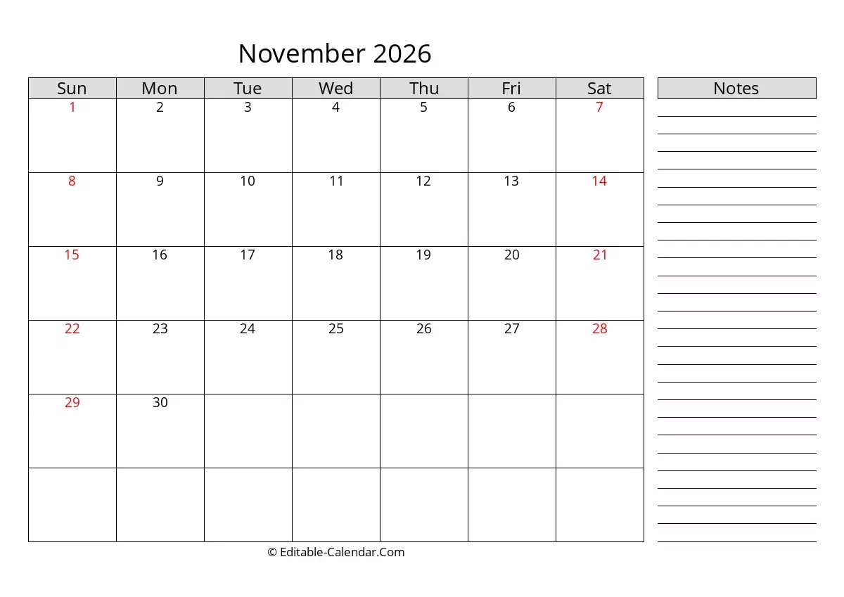 Editable Calendar November 2026 In Excel Word PDF