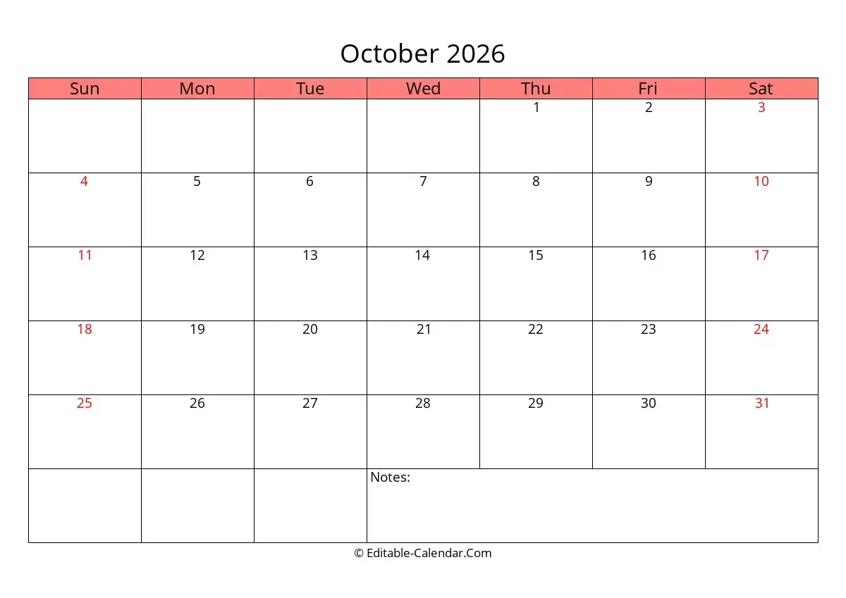 Editable Calendar October 2026 In Excel Word PDF