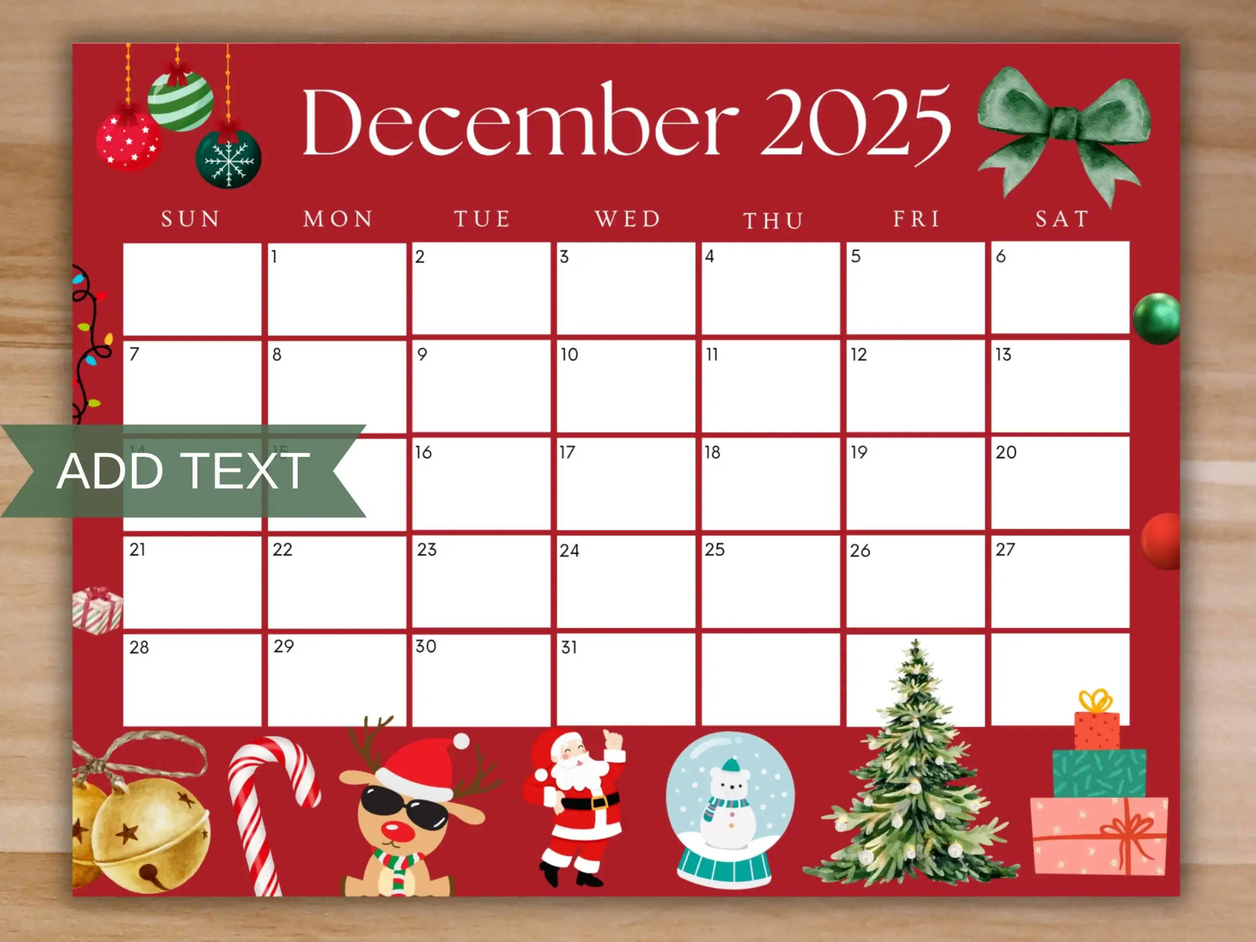 Editable December 2025 Calendar Printable Red Christmas Calendar 