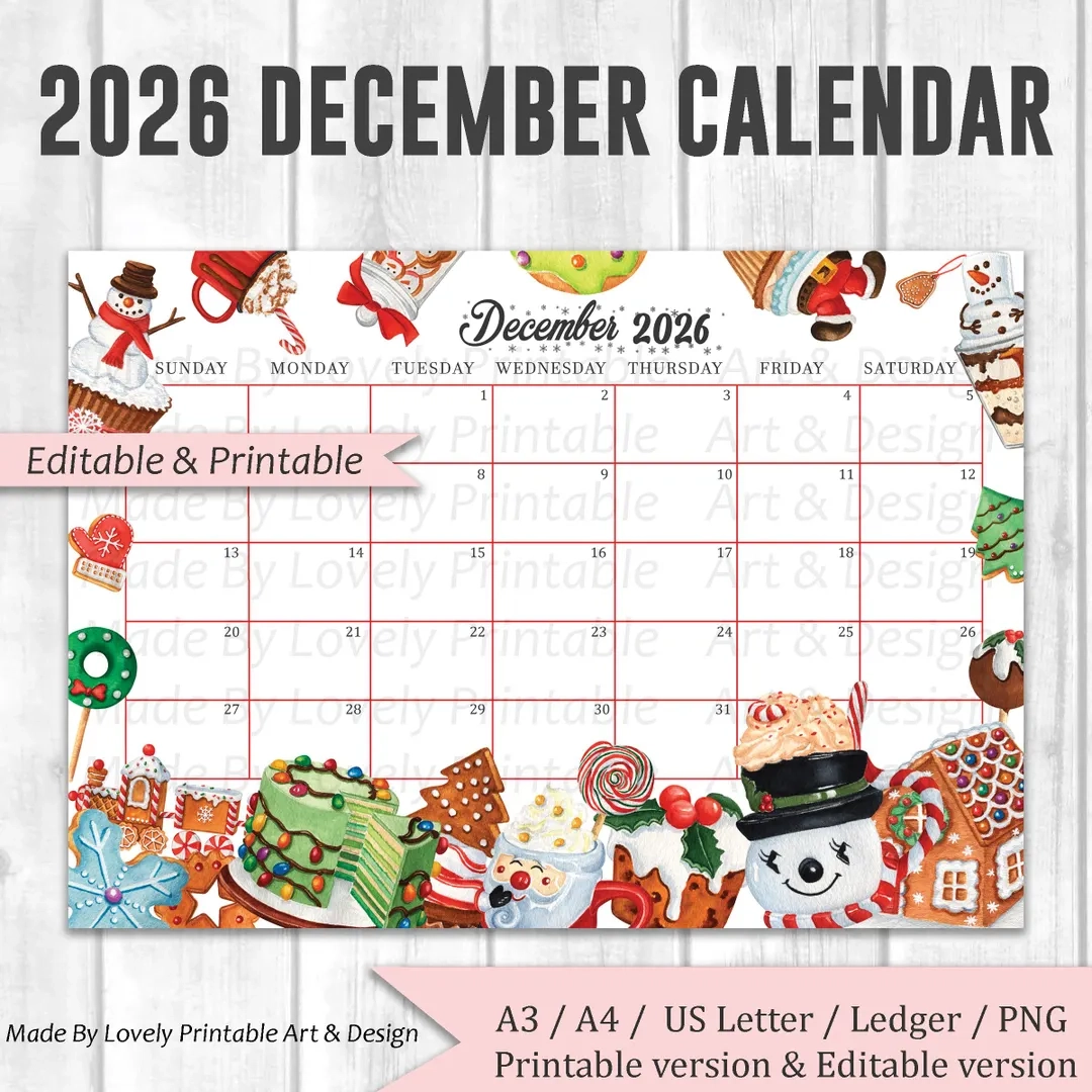 EDITABLE December 2026 Calendar Christmas Sweets amp Drinks 