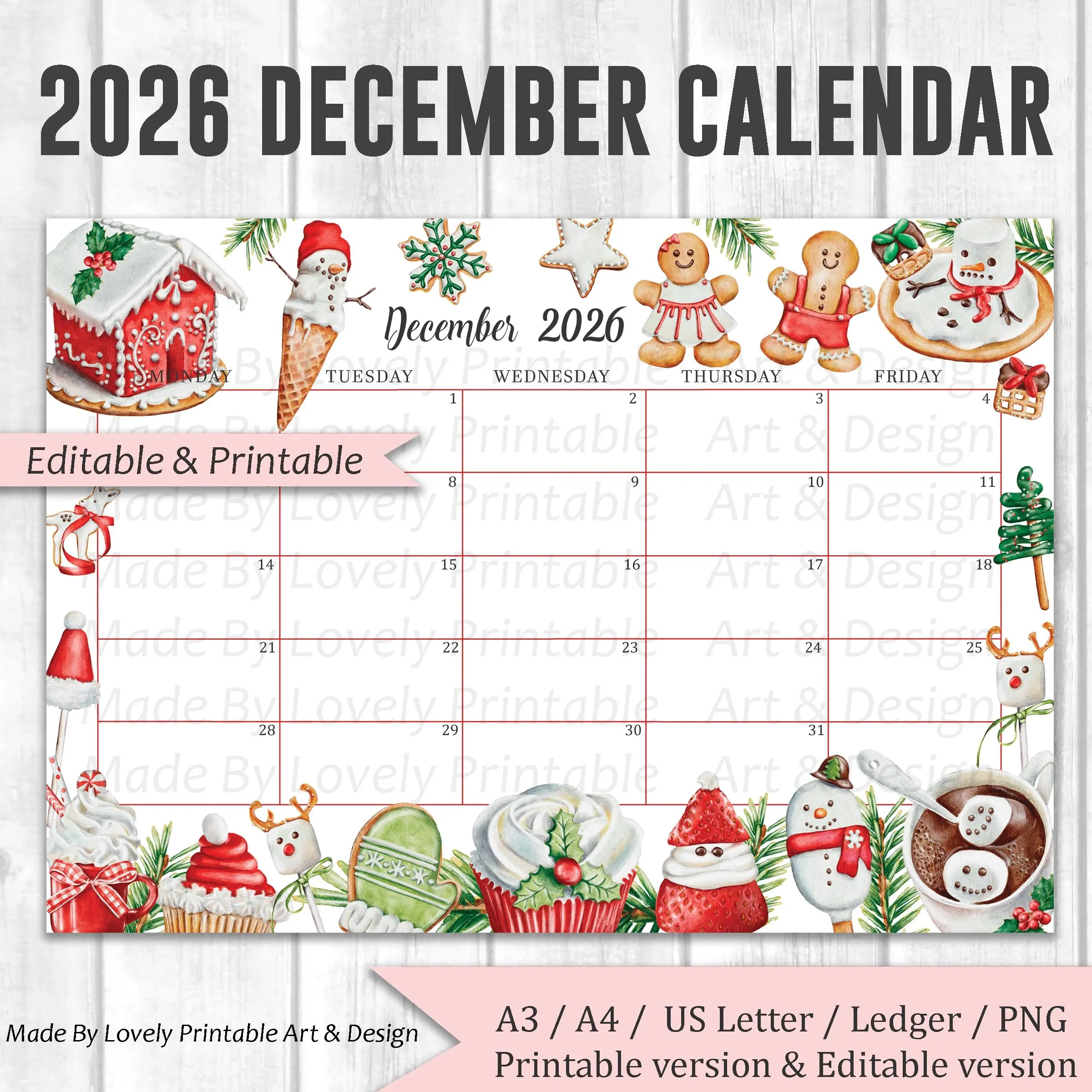 EDITABLE December 2026 Calendar Christmas Sweets amp Drinks mon 
