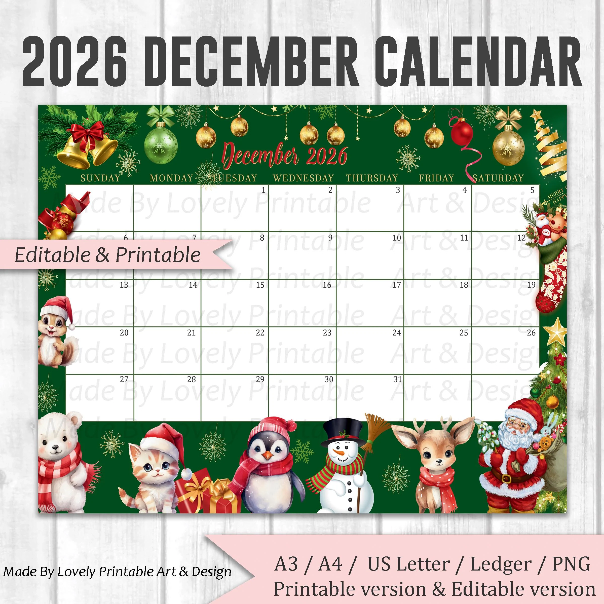 EDITABLE December 2026 Calendar Joyful Merry Christmas Printable 