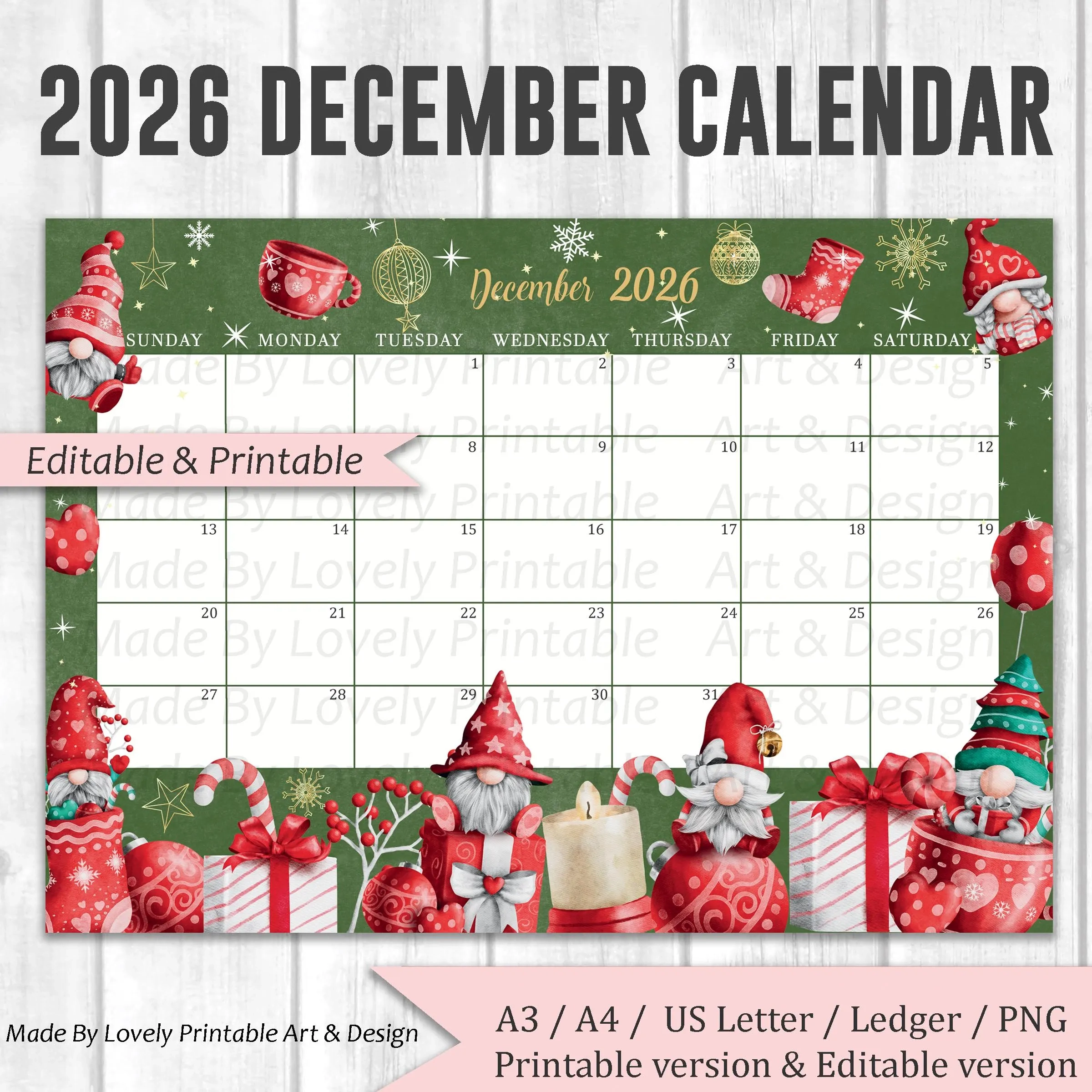 EDITABLE December 2026 Calendar Joyful Merry Christmas Printable 