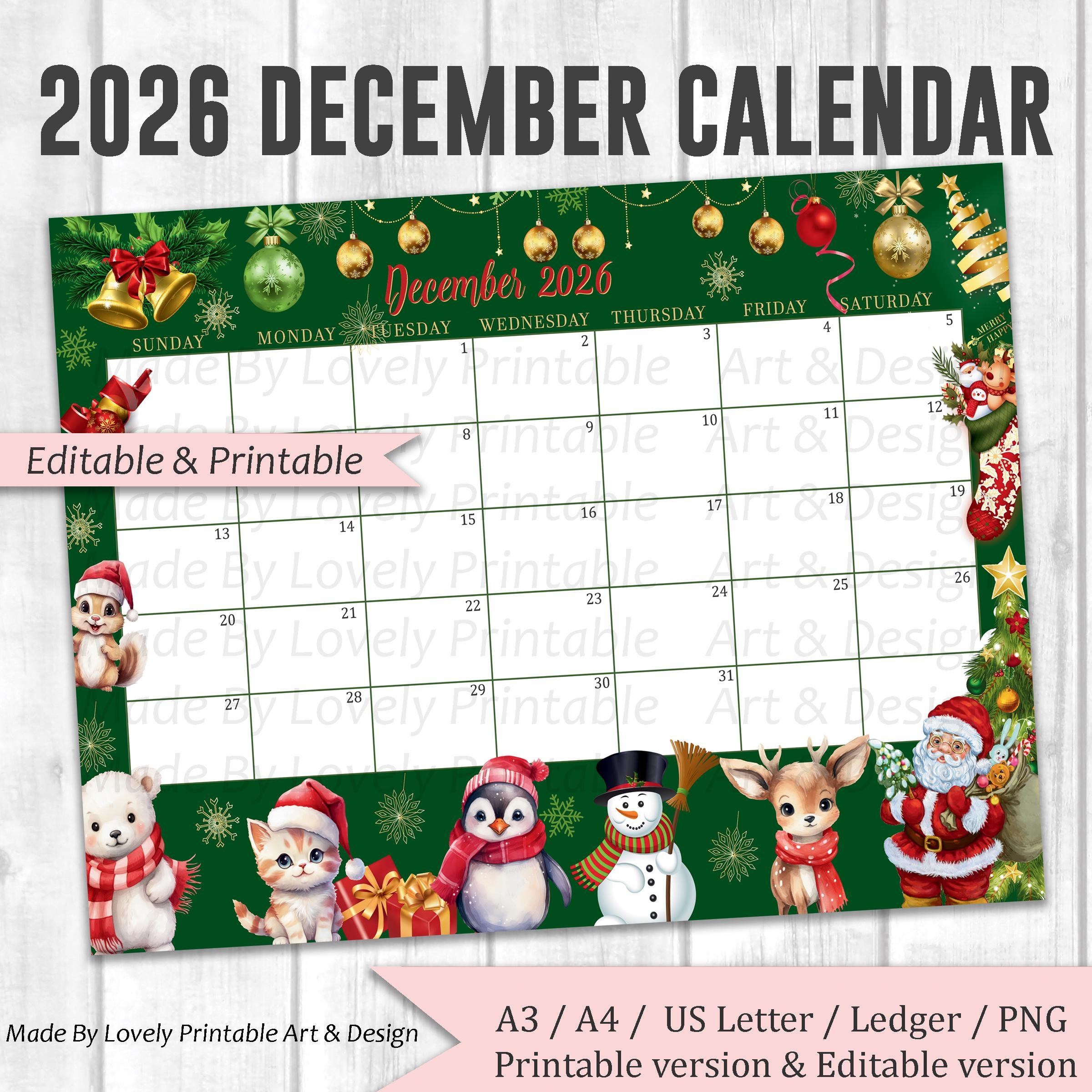 EDITABLE December 2026 Calendar Joyful Merry Christmas Printable 