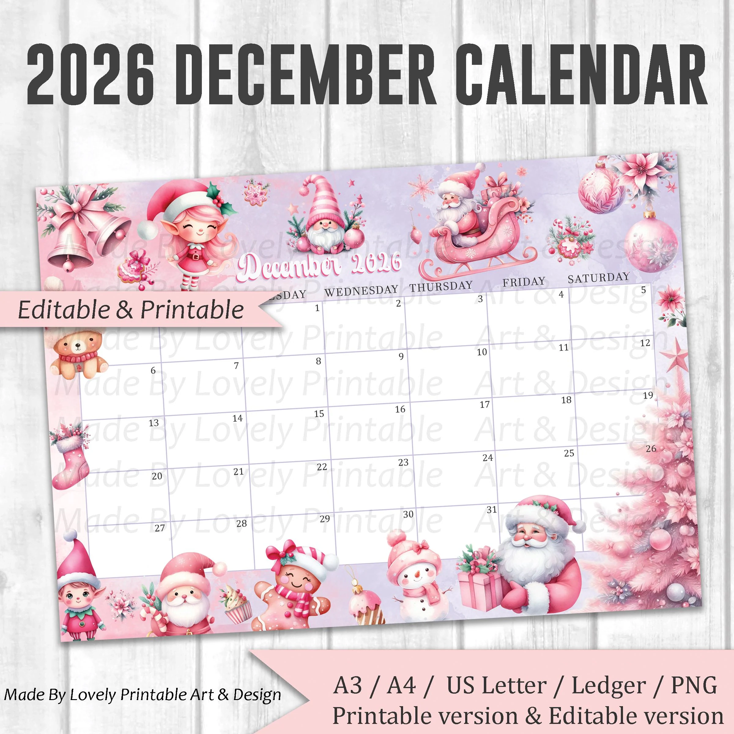 EDITABLE December 2026 Calendar Pastel Pink Christmas Printable 