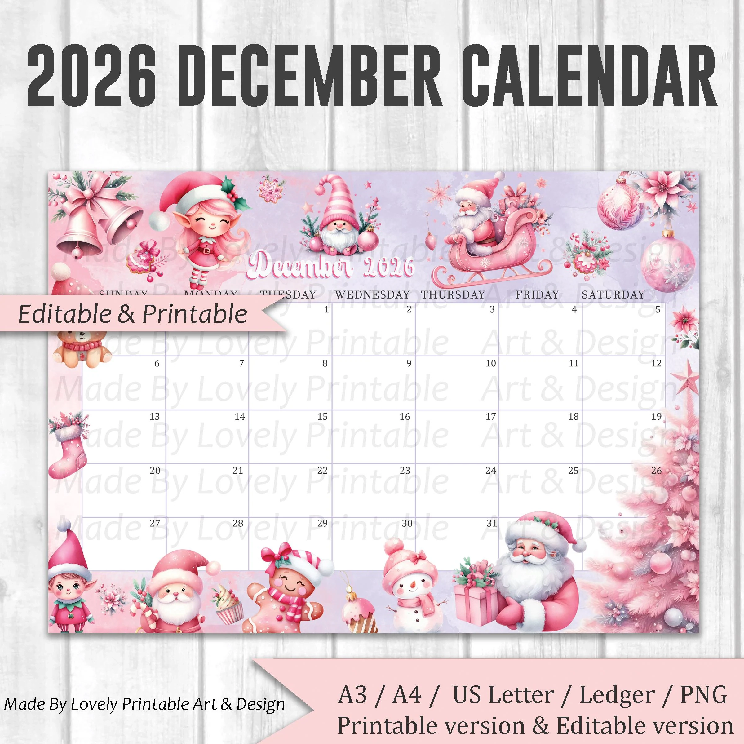EDITABLE December 2026 Calendar Pastel Pink Christmas Printable 
