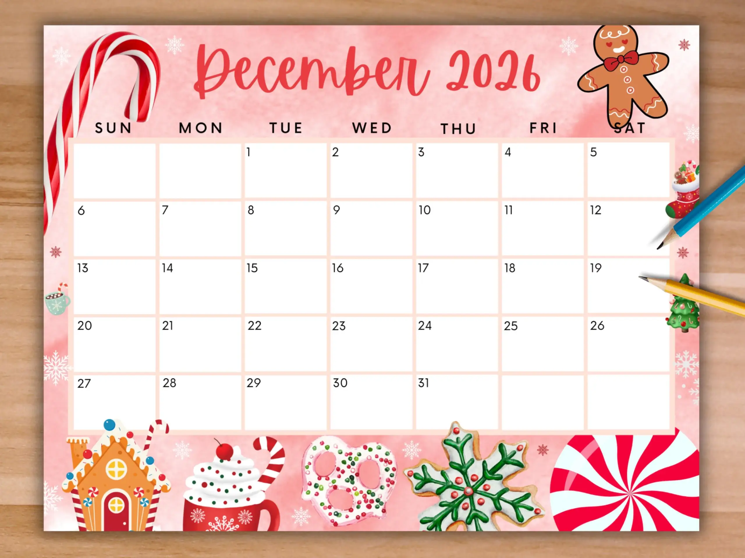 Editable December 2026 Calendar Printable Red Christmas Calendar 