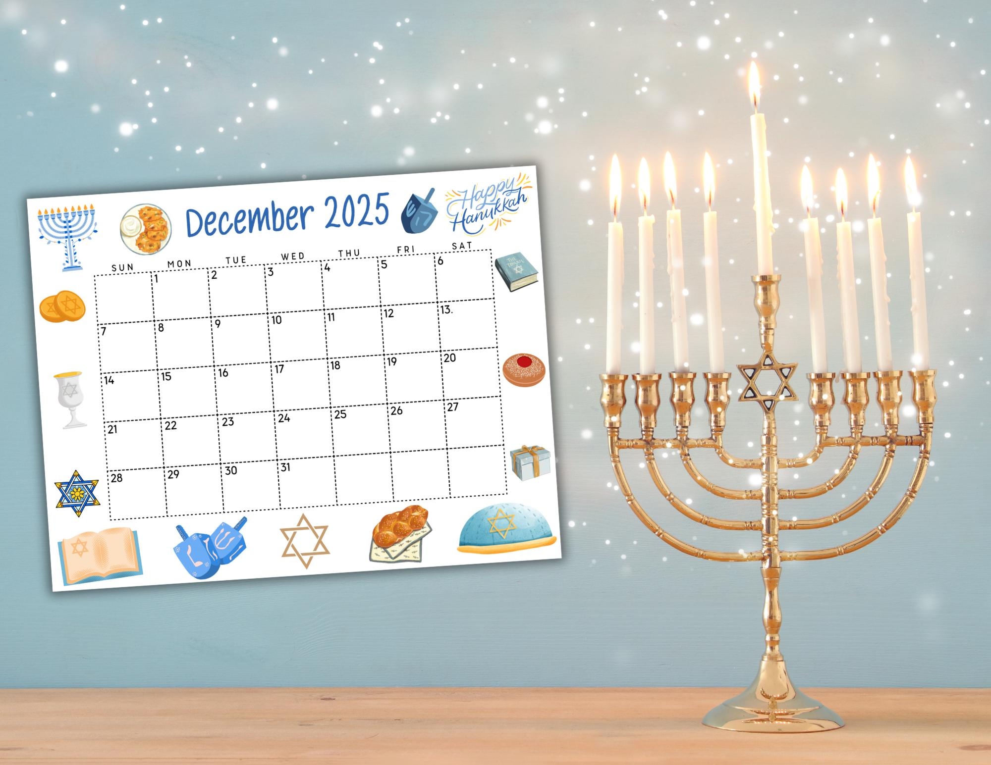 EDITABLE December Calendar 2025 Printable Blue Hanukkah Calendar 